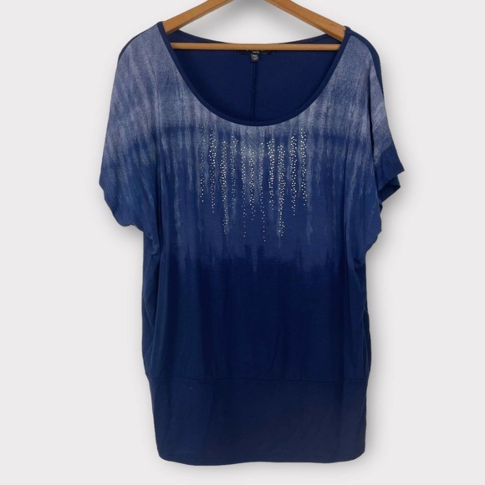 BLEU Rhinestone Navy Blue Short Sleeve‎ Blouse PXL